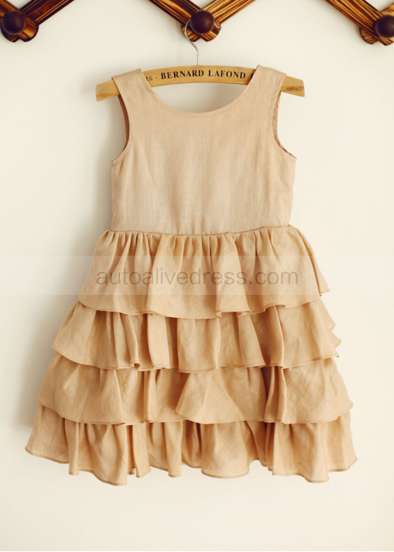 Tan Linen Knee Length Flower Girl Dress